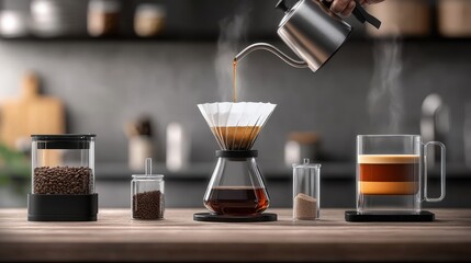 Modern pour-over coffee setup with steaming brew, fresh coffee beans, and a glass mug, showcasing a minimalist kitchen atmosphere.