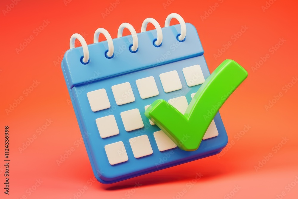 Fototapete A 3D rendering of a blue calendar with a green checkmark, symbolizing scheduling and task completion.