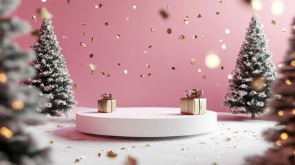 Christmas tree with white snowdrift,snowflakes,snow land,podium with bauble,Christmas theme stage podium mock up for product placement,Happy New Year. Celebrate party,Xmas Poster,web banner,festive.