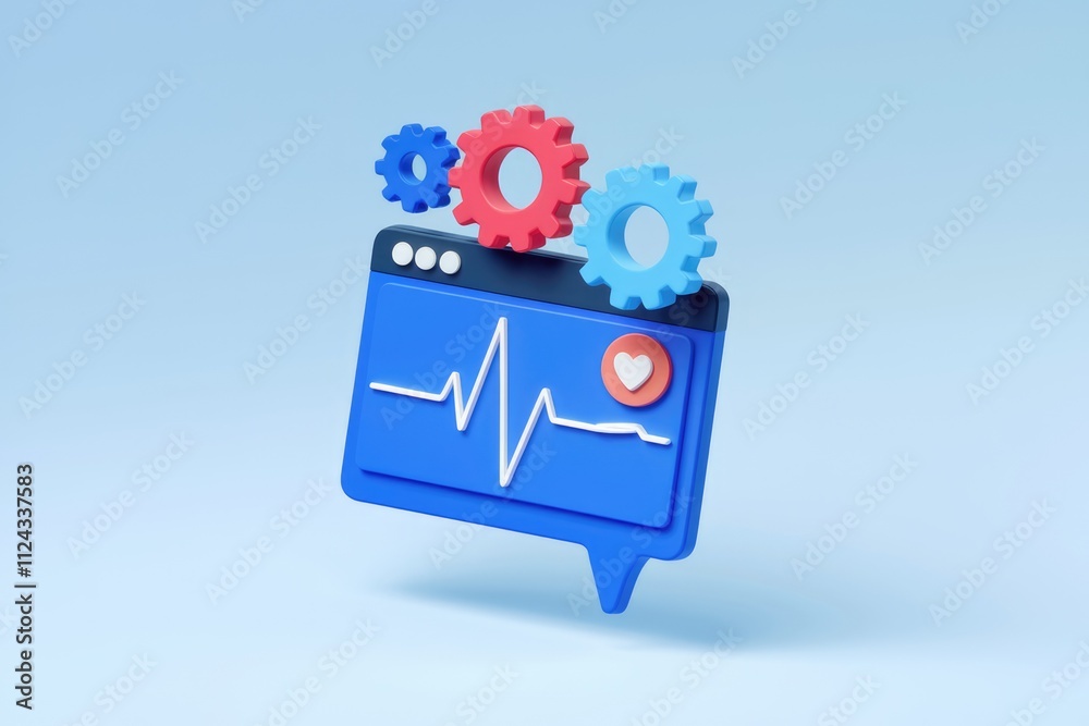 Poster 3D rendering of a blue digital health interface with a heart rate monitor and gears, symbolizing healthcare technology and process.