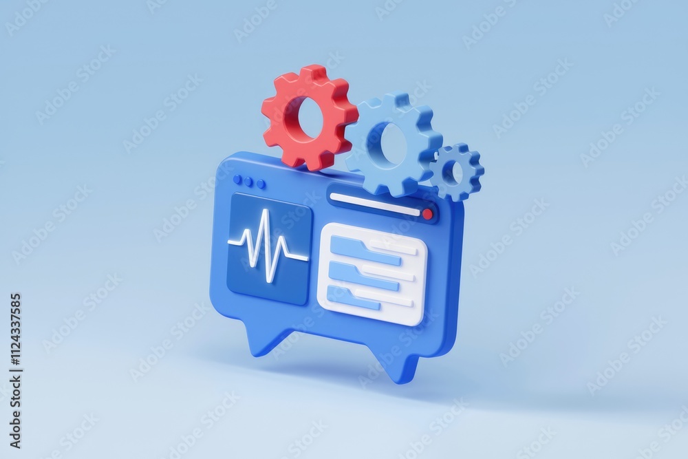 Poster 3D render of a blue speech bubble with health data and gear icons, representing digital health technology.