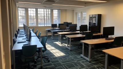 Sunlit computer lab with rows of desks, chairs, and monitors.