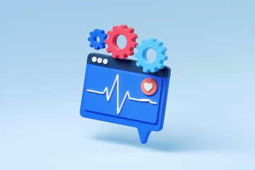 3D rendering of a blue digital health interface with a heart rate monitor and gears, symbolizing healthcare technology and process.