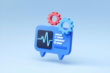 3D render of a blue speech bubble with a heartbeat and gears, symbolizing technical health monitoring.