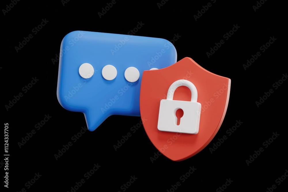 Poster Secure messaging concept: A chat bubble protected by a shield and padlock, symbolizing encrypted communication.
