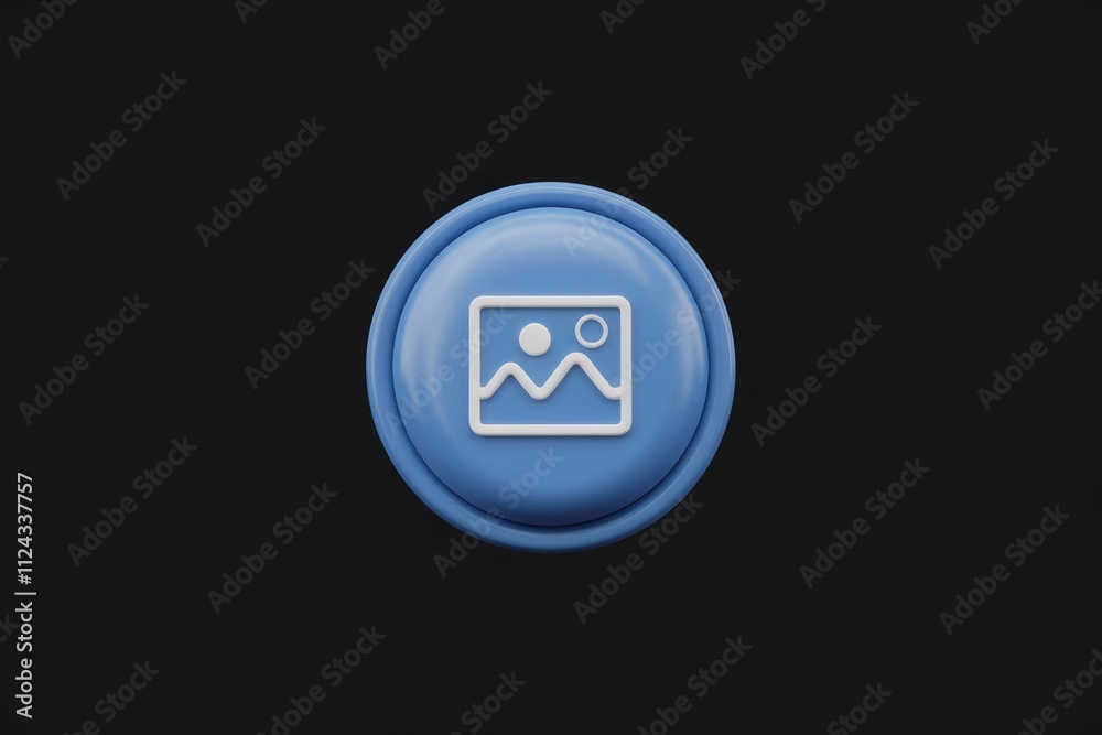 Poster a 3d rendered blue button with a white image icon, symbolizing media or gallery.