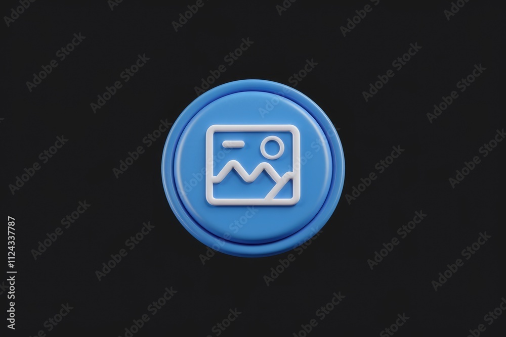 Aufkleber a 3d rendered blue circular button with a white image icon depicting a landscape.