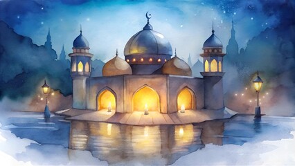 Fototapeta premium serene mosque lit by glowing lanterns on a calm night watercolor sketch illustration