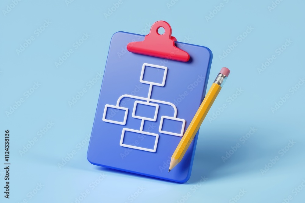 Poster A blue clipboard with a hierarchical chart and a pencil, symbolizing planning and organization.