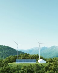 Sustainable Energy in Lush Greenery with Solar Panels and Wind Turbines