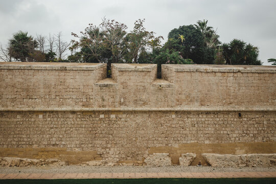 An ancient stone wall with trees on the other side