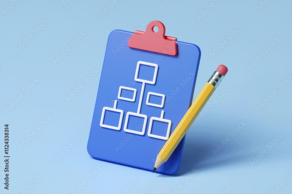 Poster a blue clipboard with a hierarchy chart and a pencil, representing organizational structure planning