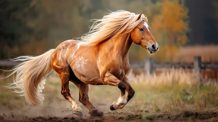 Golden Blaze: A majestic palomino horse gallops through a field of autumnal hues, its flowing mane and tail a cascade of golden brilliance.