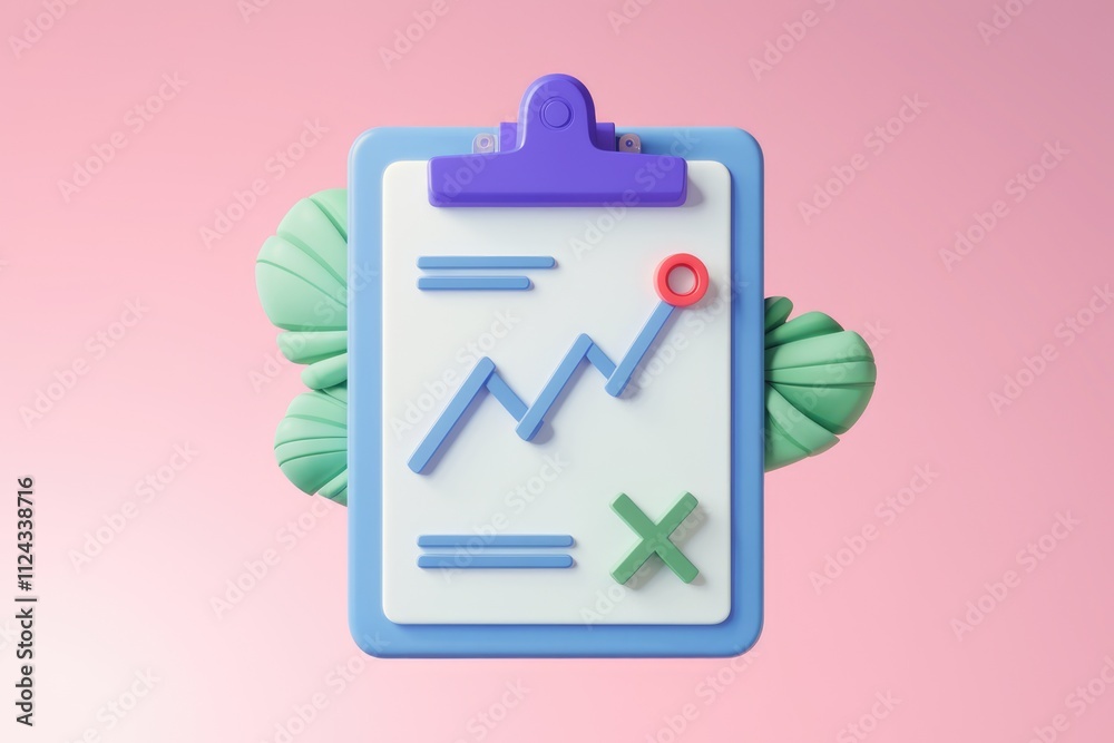 Poster a 3d illustration of a clipboard showing an upward trending graph, indicating progress and achieveme