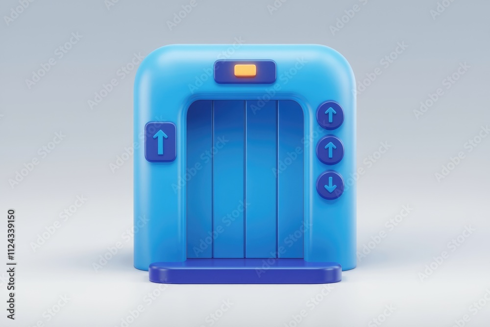 Poster A cartoonish 3D rendering of a blue elevator with up and down buttons.