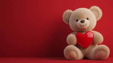 A plush teddy bear holding a red heart in front of a red background.