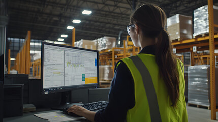 Woman in warehouse using computer, inventory management.