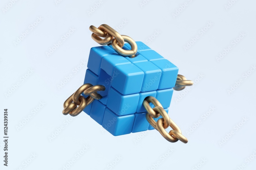 Poster A blue cube is bound by golden chains, symbolizing constraint or interconnectedness.