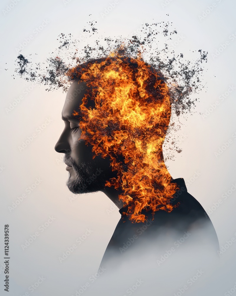Poster creative explosion of ideas abstract concept digital art surreal environment profile view
