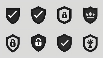 Shield Icons: A set of eight sleek, monochrome shield icons representing security, protection, and trust.  The minimalist design features a check mark, padlock, and crown symbol.