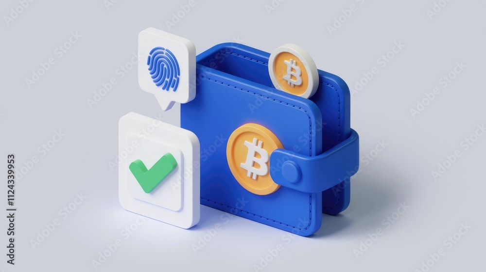 Poster Secure digital wallet with Bitcoin cryptocurrency, fingerprint authentication, and transaction confirmation.