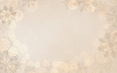Vintage Christmas rectangular template with openwork airy snowflakes beige and grey colors,effect bokeh on old paper background for greeting card,invitations.Hand-drawn watercolor illustration