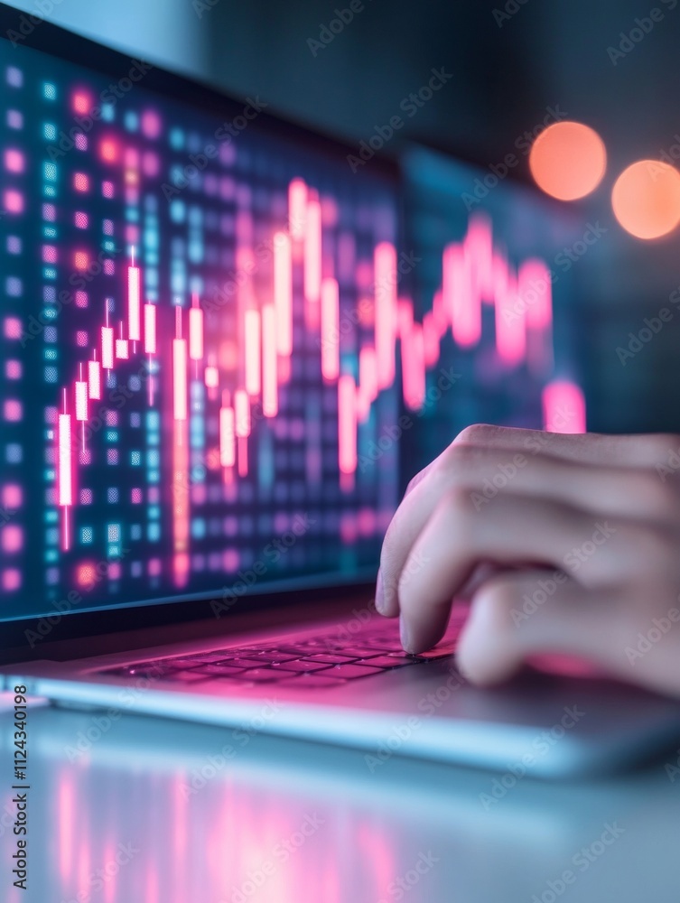 Aufkleber cryptocurrency trader analyzing market trends on neon lit screens