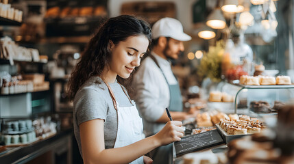 Woman writing bakery menu, colleague in background.