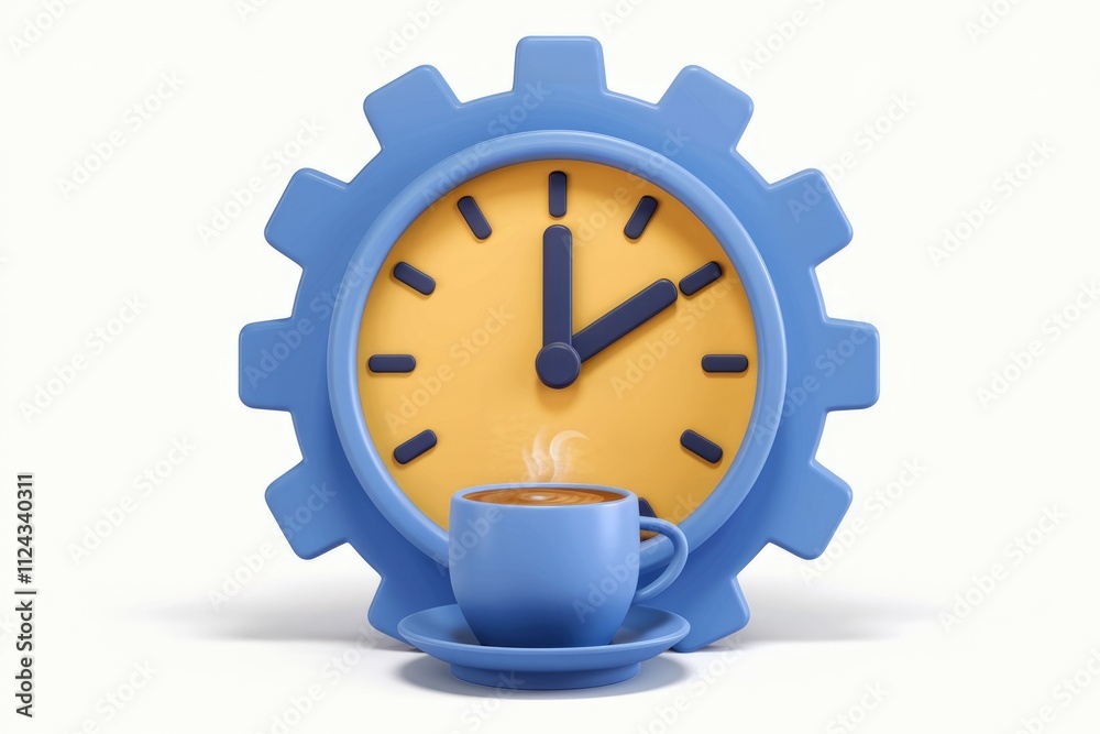 Poster a blue gear-shaped clock shows the time with a cup of coffee signifying productivity and time manage