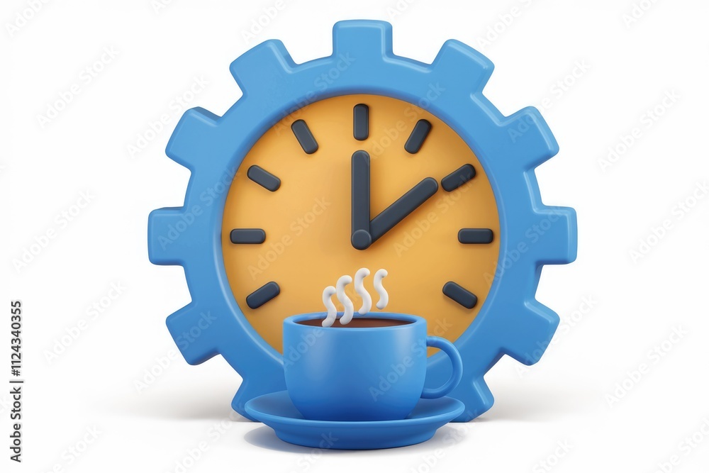 Poster A 3D render of a gear-shaped clock showing the time with a cup of coffee in front of it, symbolizing a coffee break.