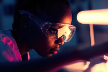 Minimalist Photography of Woman in Safety Glasses with Neon Light for Editorial Design
