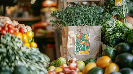 Eco-Friendly Die Cut Sticker on Reusable Shopping Tote in Natural Market Setting
