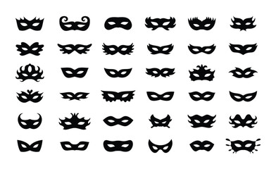 Carnival masks silhouettes icon set. Simple black icons masquerade mask, for party, parad, carnival, Halloween. Mask elements isolated sign, symbol