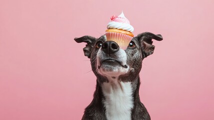 A black and white dog has a cupcake balanced on its nose.