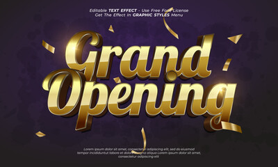  A grand opening sign with golden 3D text against a dark background with light effects