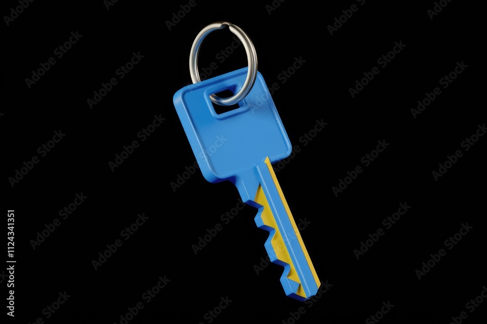 Poster a blue and yellow key with a keyring, isolated on a transparent background. simple, modern design.