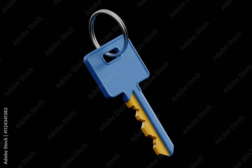 Poster a 3d rendered image of a blue and yellow key with a silver keyring.