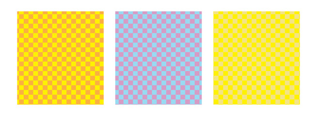 Colorful trendy checkerboard square seamless pattern collection. Set of geometric modern pastel square background in vintage style. Funky hippie fashion textile print, retro background