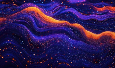 Abstract digital background with colorful glowing dots and waves, representing the concept of artificial intelligence technology or music waves