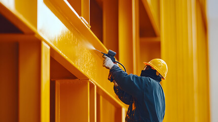 Worker painting yellow steel beam.