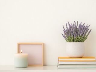 Minimalist Spring Decor with Lavender Plant and Pastel Accents