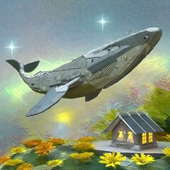 별이 보이는 하늘을 나는 거대한 고래, 고요한 정원의 집 일러스트