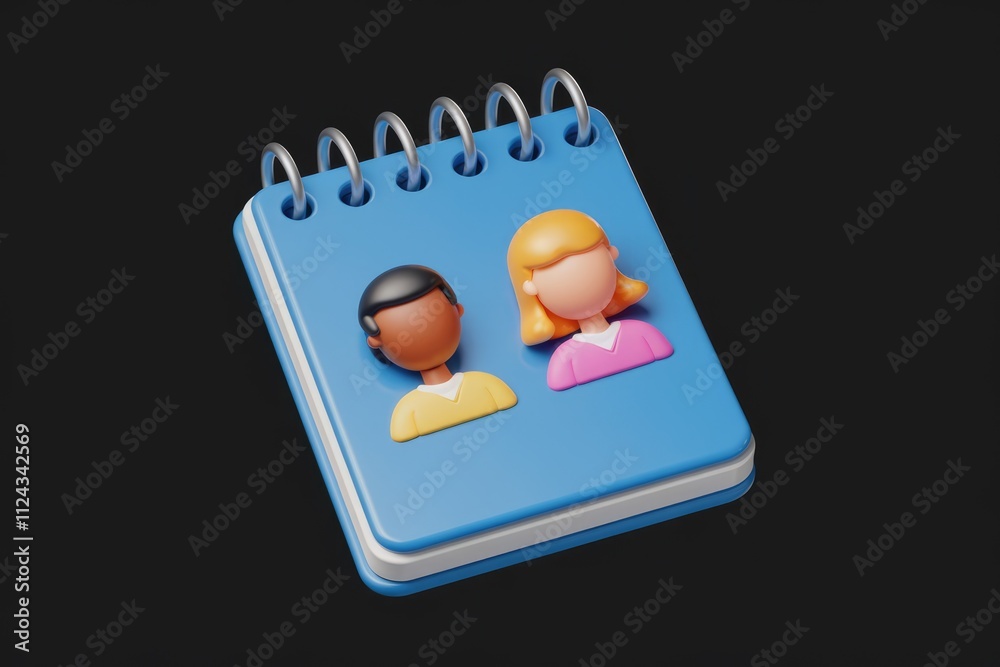 Poster 3D rendered image of a blue notepad with two cartoon profile icons, representing a diverse team or collaboration.