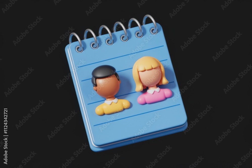 Poster 3D render of a notepad with two faceless cartoon characters representing a team or partnership.