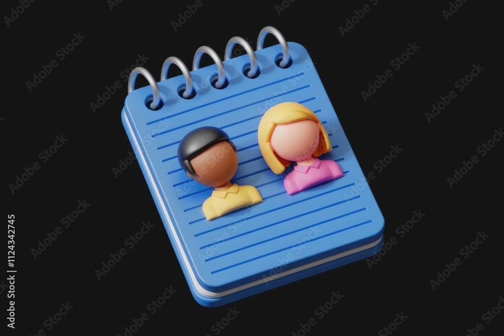 Aufkleber 3d render of two cartoon figures on a blue notepad, symbolizing teamwork or collaboration.