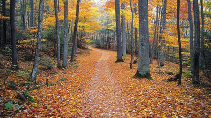 Fototapeta premium A beautiful autumn scene with a trail covered in orange and yellow leaves leading through a forest of tall trees with soft light shining down.