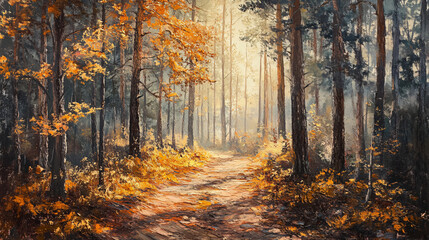 Obraz premium A beautiful autumn scene with a trail covered in orange and yellow leaves leading through a forest of tall trees with soft light shining down.