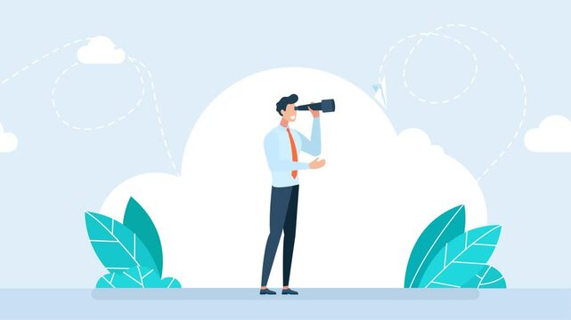 A businessman is looking into the future with a telescope. Clouds and a paper airplane are moving in the background. Business metaphor. Purposefulness. A man with a spyglass. 2d flat animation