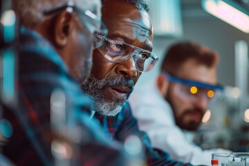 Obraz premium Three scientists engaged in serious laboratory discussion and research.