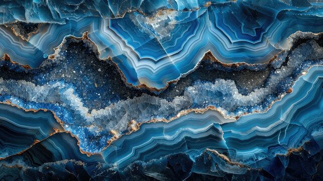 Blue agate geode with crystalline structures and gold accents.